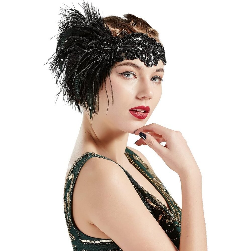 1920s Flapper Headband Faux Feathers Rhinestones Gatsby Party Accessory